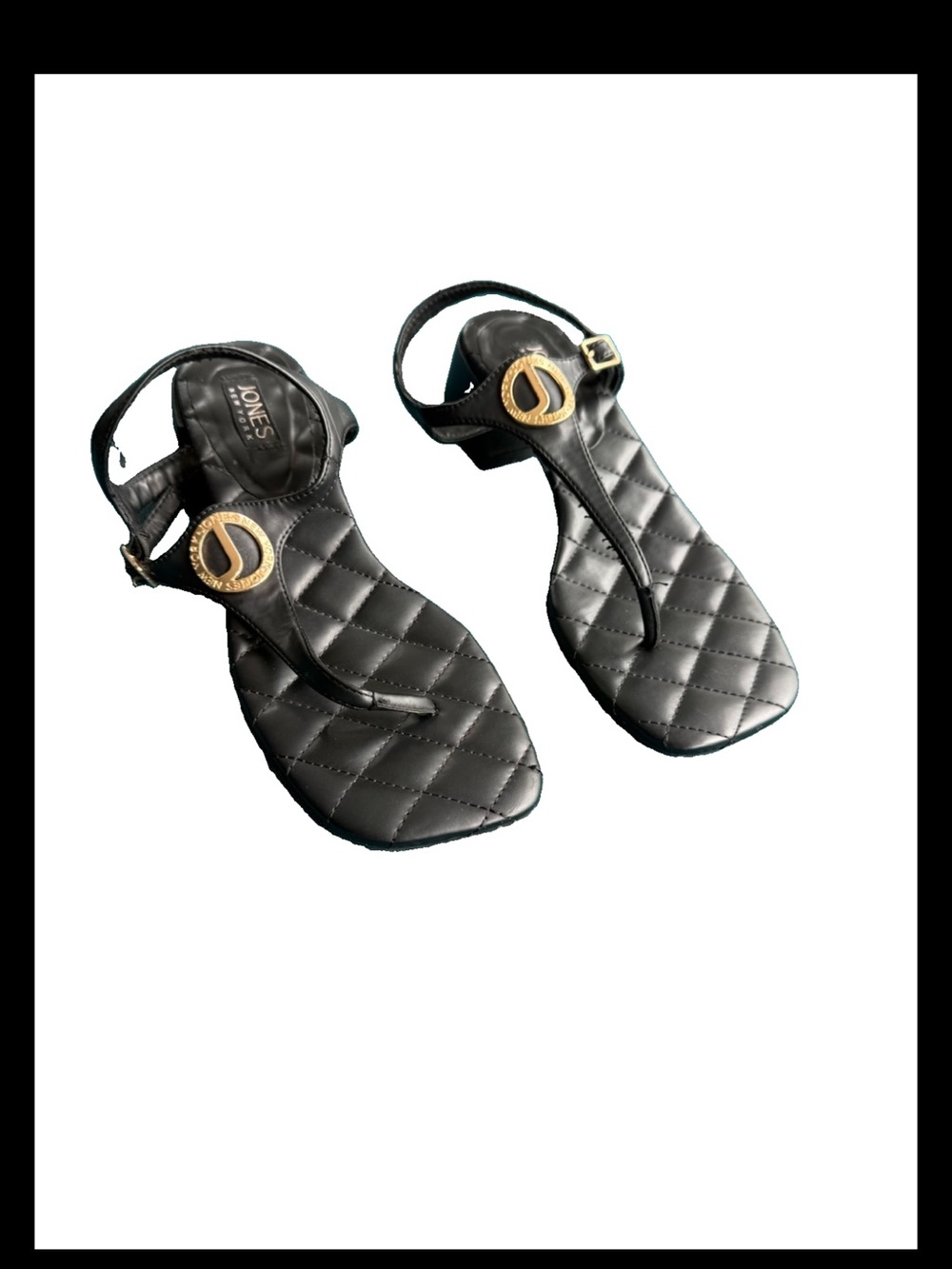 Jones New York Quilted Black T-Strap Sandals with Gold Accent